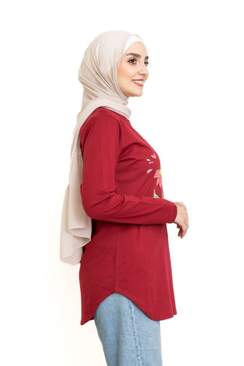 Brick Red Printed Long - Sleeve Design 10 - Khotwh